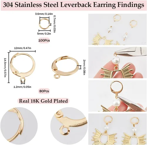 Miniatura 2 de SUNNYCLUE 1 Caja 180Pcs Kit de Piezas para Aretes 80Pcs Ganchos para Pendientes de Palanca Chapados en Oro de 18K de Acero Inoxidable 100Pcs Anillos