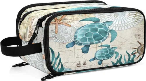 senya Bolsa de aseo vintage con mapa de estrellas de mar y tortugas marinas, organizador de cosméticos, bolsa de viaje grande para mujeres y