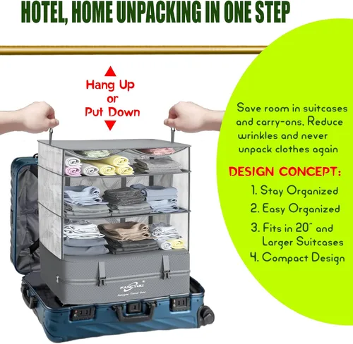 Miniatura 7 de Compressible Packing Cubes Portable Hanging Closet Shelves 17"x12"x24" Extendable Travel Organizer Nylon Packing Bags for Suitcase