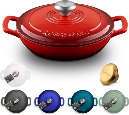 ROSSALLINI Signature - Cacerola de hierro fundido esmaltado con tapa de ajuste hermético, olla de servir antiadherente para asado, horneado, Rojo