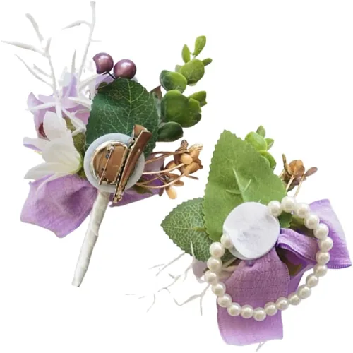 Miniatura 6 de Wrist Corsage and Boutonniere Set for Bride Groom Bridesmaids Groomsmen Wedding Homecoming Flowers Prom Suit Accessories, Rose Boutonniere and
