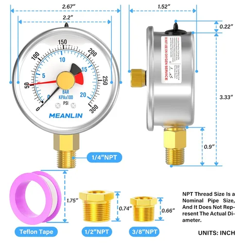 Miniatura 2 de MEANLIN MEASURE 0~300 PSI Manómetro de Presión de Acero Inoxidable 1/4" NPT con Esfera Frontal de 2.5", Puntero de Reinicio, Relleno de Líquido, WOG