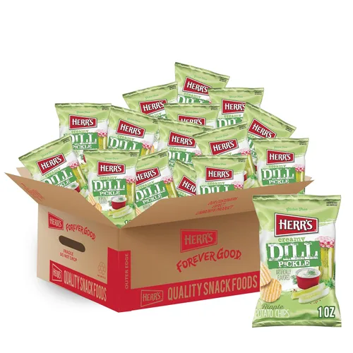 Herr's Papas fritas cremosas de eneldo, 1 onza (paquete de 42 bolsas), sabor picante y cremoso a eneldo, perfecto para aperitivos sobre la marcha