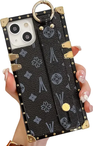 Miniatura 20 de Funda rectangular de cuero compatible con 11 con correa para muñeca, funda de diseñador de lujo para mujeres y niñas, funda protectora con soporte