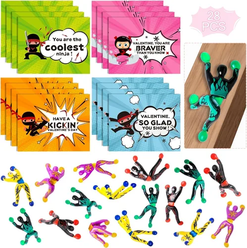 Paquete de 28 tarjetas de regalo para el día de San Valentín para niños con juego de ninja pegajoso para escalada en la pared, juguetes difíciles