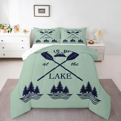 Juego de edredón para cabaña y cabaña, juego de ropa de cama de pesca Life Is Better At The Lake, edredón de montaña y selva tropical, para niños y