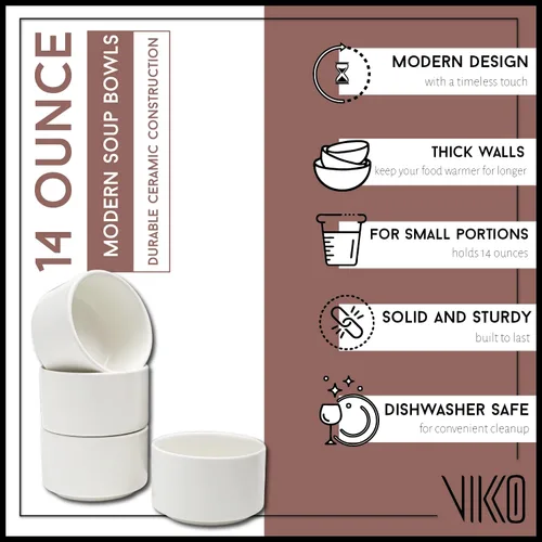 Miniatura 3 de Vikko Moderno juego de 4 cuencos de sopa de porcelana blanca mate, apilables de 14 onzas, elegante, estilo restaurante, apto para microondas