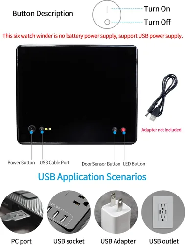 Miniatura 5 de Oryx - 6 bobinadoras de reloj para relojes automáticos, caja de reloj giratoria de madera, 15 modos de rotación, vitrina con luz LED, motor Mabuchi
