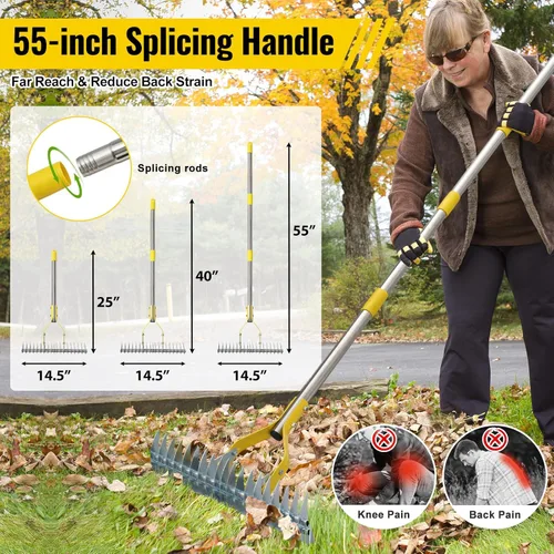 Miniatura 4 de Rastrillo de paja 2 en 1 de acero inoxidable para hojas de paja, 55 pulgadas, resistente 19 púas, desrastrador manual de césped con cabeza