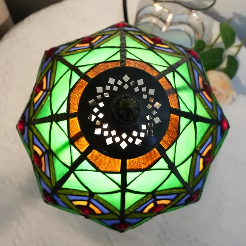 Miniatura 9 de Lámpara de mesa pequeña Tiffany verde de vidrio teñido con cola de pavo real para dormitorio, estilo retro, decoración única, linda y divertida