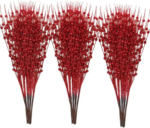 24 piezas de adornos de tallo de bayas artificiales con purpurina, ramas de acebo, púas de bayas, ramas para árbol de Navidad, palos de cuentas
