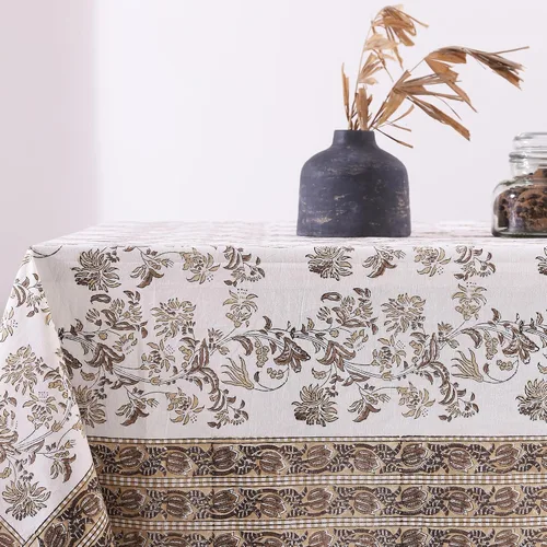 Miniatura 5 de Labhanshi Mantel rectangular de 6 plazas de algodón prelavado con estampado indio a mano, 60 x 90 pulgadas, diseño floral de algodón prelavado