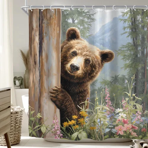 Miniatura 9 de Riyidecor Cortina de ducha de oso pequeño para decoración de baño, 36 pulgadas de ancho x 72 pulgadas de alto, caravana, mitad de vida silvestre