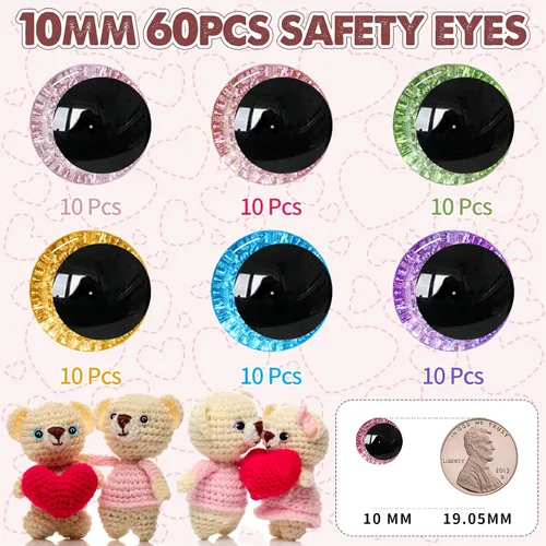 Miniatura 2 de 120 ojos de seguridad con purpurina 3D de 0.394 pulgadas para ganchillo con arandelas, ojos amigurumi de ganchillo luna, ojos para animales