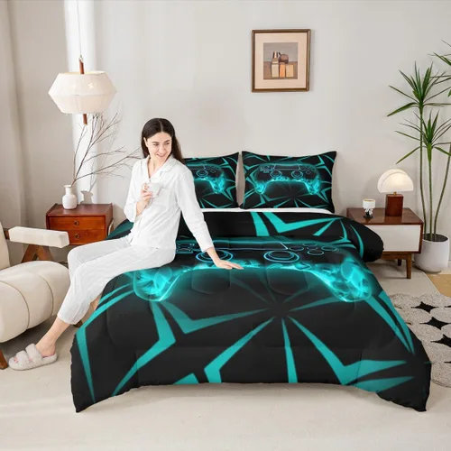 Miniatura 11 de Manfei Juego de edredón moderno de 2 piezas con estampado de consola de videojuegos de panal azul con 1 funda de almohada, juego de ropa de cama