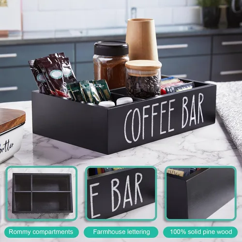 Miniatura 5 de Organizador de estación de café ALELION - Organizador de accesorios de encimera de madera con divisores removibles para cápsulas, condimentos