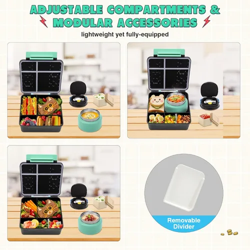 Miniatura 4 de Caja Bento Game para niños, lonchera con termo (tarro de comida de 9 onzas), cuchara plegable, divisor extraíble y taza de salsa, lonchera infantil