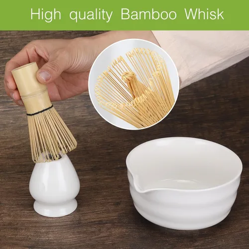 Miniatura 5 de Juego de batidor de matcha, juego de 6 piezas con cuchara de matcha de bambú y tamiz de acero inoxidable/cuenco de cerámica con boquilla