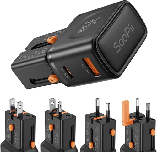 Miniatura 13 de SooPii Adaptador de viaje universal, convertidores de corriente con 1 USB C y 2 puertos USB A, adaptador de enchufe de viaje 7 en 1 cargador