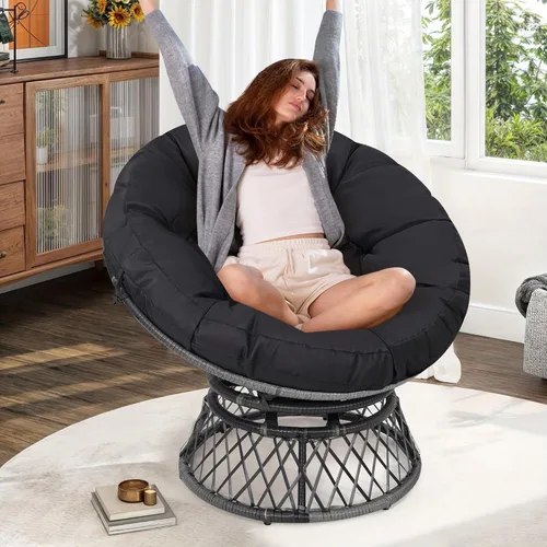 Miniatura 8 de KROFEM Silla Papasan ergonómica de mimbre de 40 pulgadas, silla giratoria de 360° para interiores y exteriores con cojín grueso suave, ideal