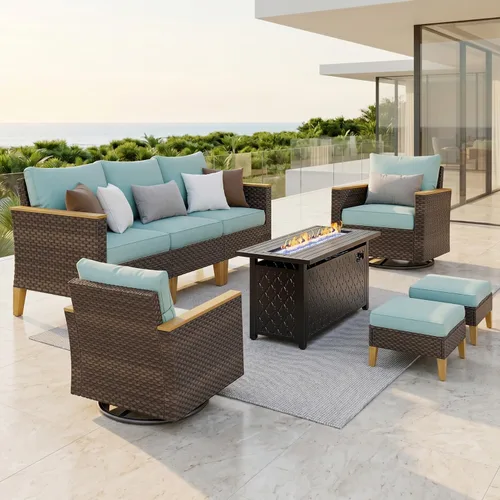 Miniatura 10 de PHI VILLA Otomana de mimbre para patio, 2 piezas, asiento otomano de mimbre para todo tipo de clima, reposapiés para exteriores con cojines