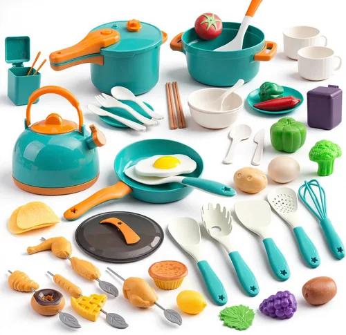 60 piezas de accesorios de cocina de juego para niños, juego de cocina simulada con ollas y sartenes, vajilla y conjuntos de frutas y barbacoa, Verde