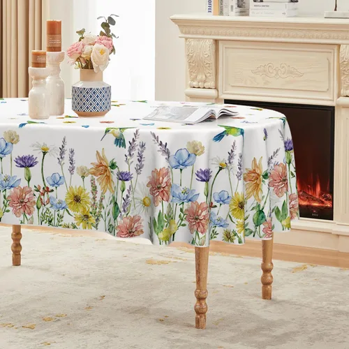 Miniatura 9 de Horaldaily Mantel de primavera y verano de 52 x 70 pulgadas, diseño de flores, mariposas y pájaros, lavable, para decoración de fiestas, pícnic