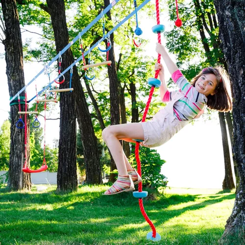Miniatura 2 de Double Ninja Slackline - Carrera de obstáculos para niños, línea de 110 pies, equipo de juegos de barras de mono, carrera de obstáculos Ninja