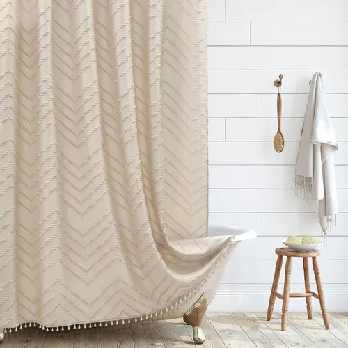 Miniatura 31 de Siiluminisoy Cortina de ducha estilo bohemio con borlas blancas, cortina de ducha tejida de 60 x 72, moderna, estilo rústico, texturizada, con A