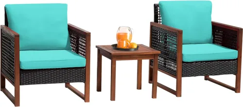 FDW Juego de 3 sillas de mesa de conversación de madera de acacia para exteriores, con cojines resistentes al agua y mesa auxiliar para playa, patio
