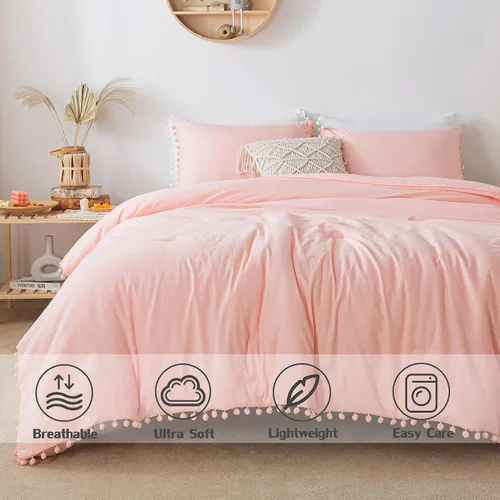 Miniatura 3 de Juego de edredón bohemio de color rosa melocotón tamaño matrimonial (79 x 90 pulgadas), 3 piezas para todas las estaciones