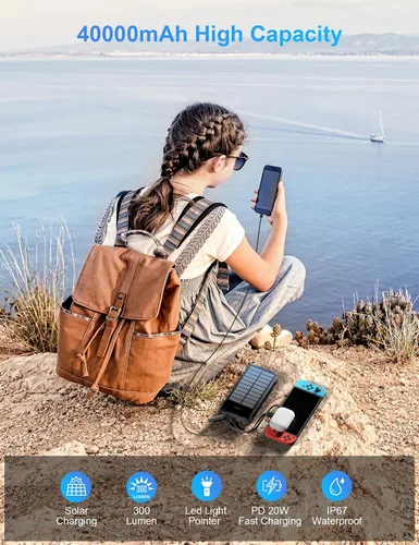 Miniatura 3 de Cargador Solar Power Bank, PD 20W Carga Rápida Batería Externa, 40000mAh Cargador de Teléfono Portátil con 4 Cables Integrados con Linternas