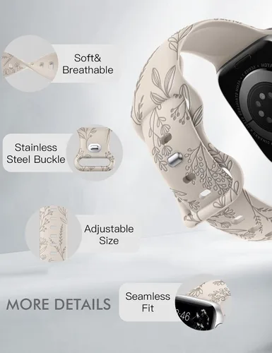 Miniatura 4 de Minyee - Correa floral grabada compatible con Apple Watch de 41mm 40mm 38mm 42mm 44mm 45mm 46mm 49mm para mujeres, correa deportiva de silicona Luz