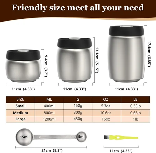 Miniatura 2 de Recipiente de café al vacío, recipientes herméticos de acero inoxidable para almacenamiento de café con cuchara medidora y tapa hermética