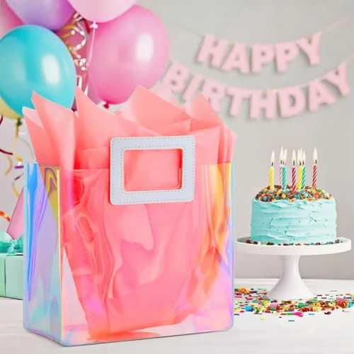 Miniatura 2 de Bolsa de regalo holográfica mediana de 11 pulgadas con papel de seda, bolsa de regalo reutilizable de cumpleaños para mujeres y niñas, iridiscente