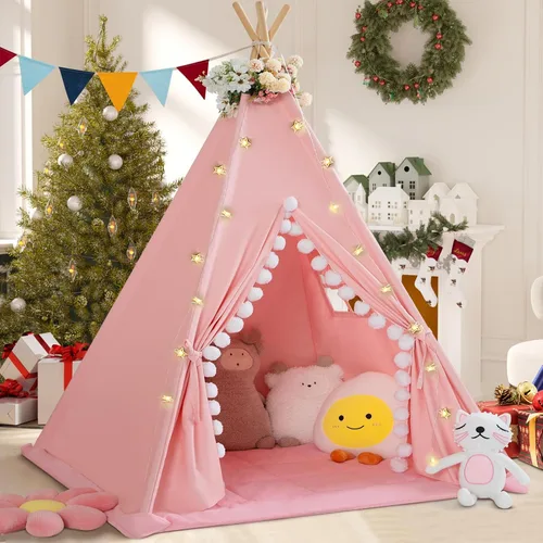 Miniatura 12 de WIRHAO Tienda de campaña tipi para niños con alfombrilla acolchada, lona de algodón, tipi con pompón para niños pequeños, tienda de campaña