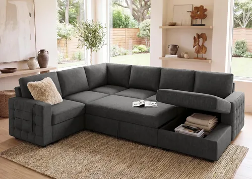 Miniatura 20 de HONBAY Sofá seccional con cama extraíble, sofá cama seccional con almacenamiento, sofás en forma de U para sala de estar, terciopelo beige