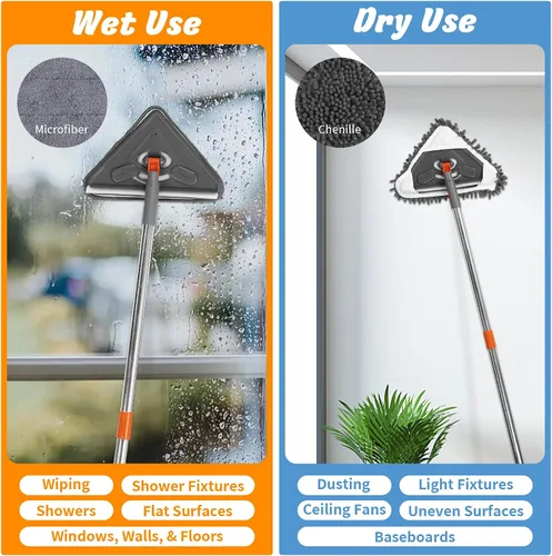 Miniatura 4 de Limpiador de fregona de pared de 85 pulgadas con mango largo y gancho de acero inoxidable, limpiador de pared giratorio de 180°, herramienta