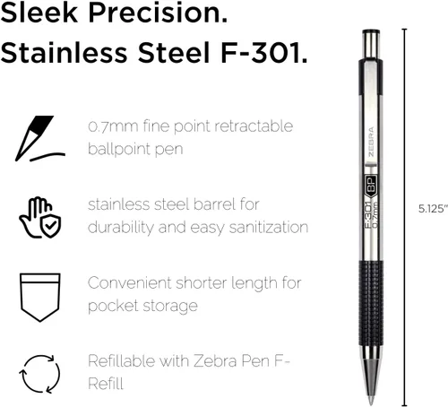 Miniatura 2 de Zebra Pen F-301 - Bolígrafo compacto de acero inoxidable, punta fina de 0.7mm (0.028 in), 1 unidad: tinta de fácil deslizamiento, agarre