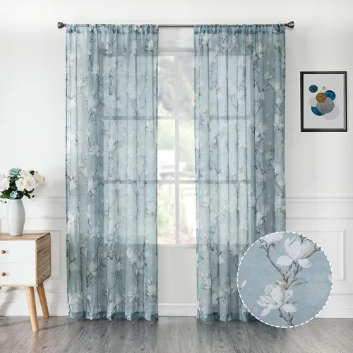 Miniatura 9 de Tollpiz - Cortinas cortas florales azules transparentes, con diseño de flores y enredaderas bordadas, cortinas de media cocina para café