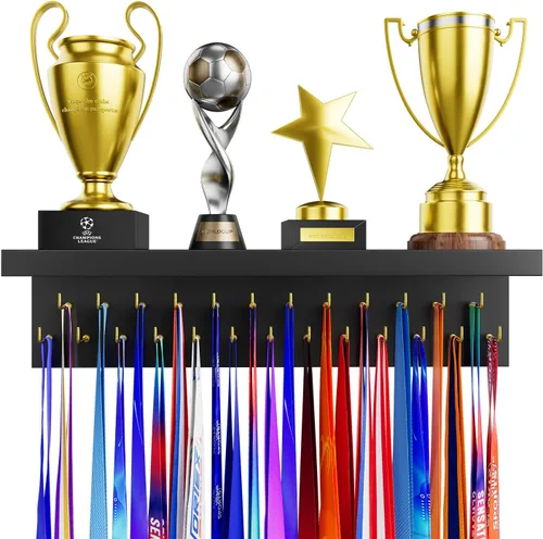 Soporte para Medallas y Organizador de Estante para Trofeos, Soporte Robusto de Madera para Premios de Carreras con 25 Ganchos de Acero, Soporte de