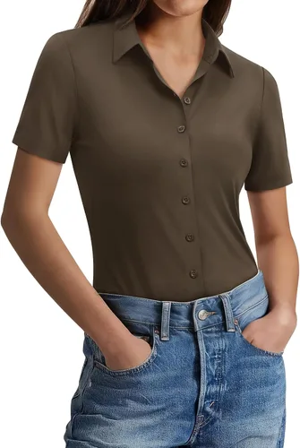 Miniatura 18 de Gleeivy Camisas con botones para mujer, ajustadas, de manga corta, elásticas, para el trabajo, sin arrugas, blusas de oficina