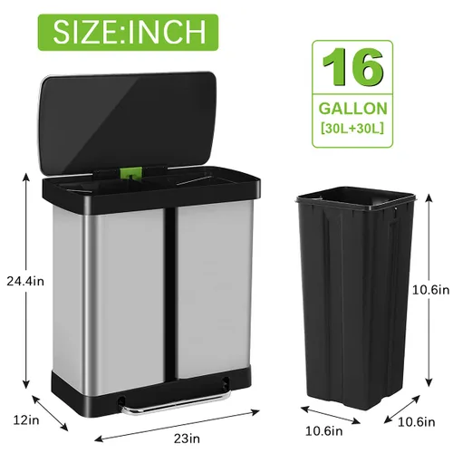 Miniatura 2 de Basurero de cocina de acero inoxidable de 16 galones/60 litros con tapa y doble barril, cubo de basura clasificado de alta capacidad para reciclaje