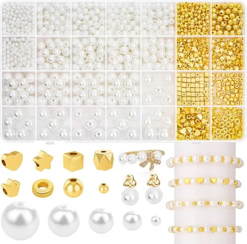 Miniatura 8 de Audab Cuentas de perlas para hacer pulseras, 970 cuentas espaciadoras de perlas y doradas para hacer joyas