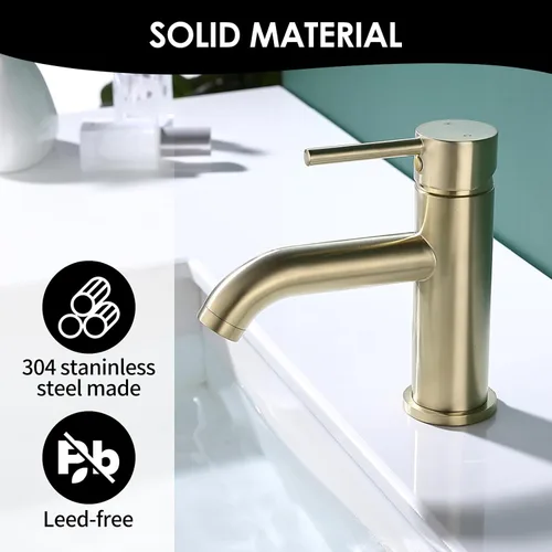 Miniatura 2 de Grifo de baño negro de una sola manija con montaje de drenaje de metal y escudo, oro cepillado