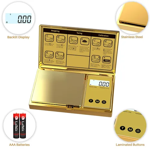 Miniatura 3 de Báscula digital Gram 7.05 oz x 0.00 oz, báscula de bolsillo chapada en titanio dorado con pantalla LCD retroiluminada, 6 unidades, tara, apagado