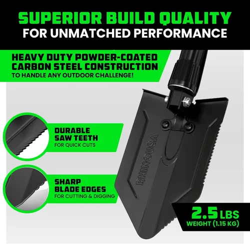 Miniatura 2 de RHINO USA Pala plegable de supervivencia con pico - Herramienta de atrincheramiento estilo militar de acero de carbono resistente para todoterreno