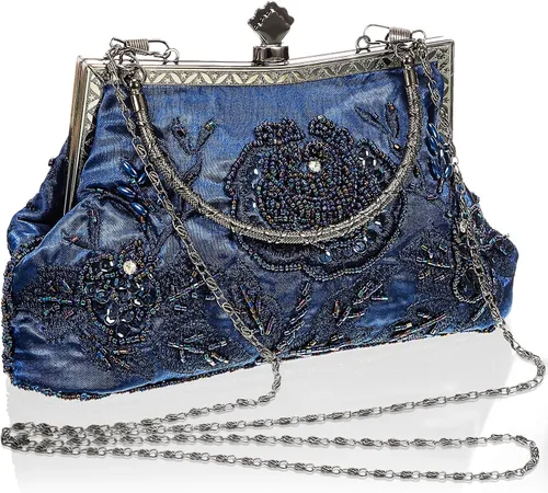 SilTriangle Bolso de mano con bordado floral vintage para mujer, con lentejuelas y diamantes de imitación, color azul marino, bolso cruzado bordado,