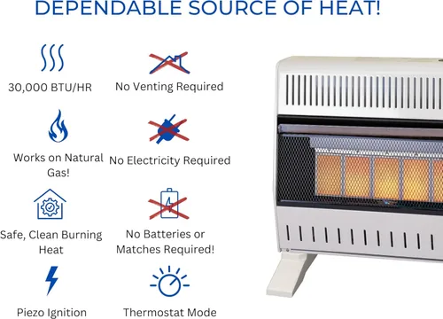 Miniatura 3 de ProCom - Calentador de placa infrarroja de gas natural sin ventilación con pies de base - 30,000 BTU, control con termostato - Modelo# MN300TPA-B