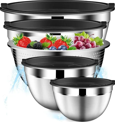 DUTZUN Juego de tazones para mezclar con tapas, cuencos de acero inoxidable con colador, colador con juego de tazones para mezclar, utensilios de